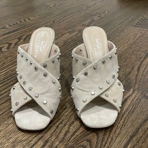 Lord and Taylor taupe suede heeled sandals with silver studs. Size 8